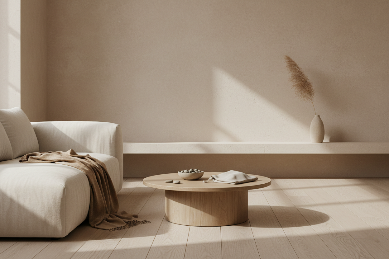 Create a premium lifestyle hero banner for an essentials brand.
Minimal, modern aesthetic.
Soft natural lighting.
Neutral earthy color palette.
Clean, calm, and comfortable mood.
Abstract or lifestyle background (no visible faces).
Focus on everyday comfort and modern living.
High-quality, realistic photography style.
Plenty of negative space in the center for text overlay.
No text, no logos, no watermarks.